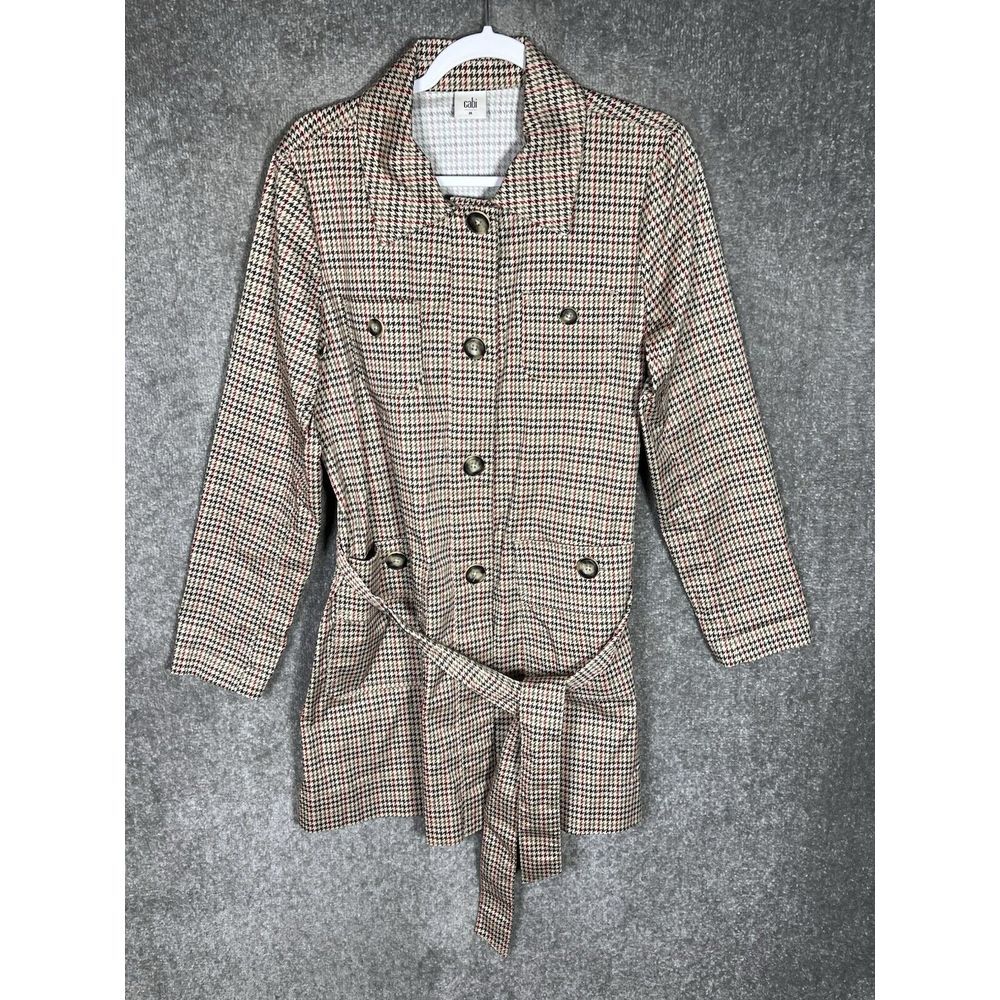 Cabi Sherlock 3734 Houndstooth Trench Coat Womens Sz Medium Pockets Belted Brown
